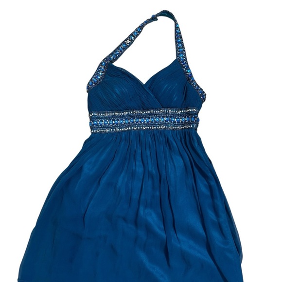 Adrianna Papell Blue Halter Dress with Beaded Details for Prom or Formal - Picture 3 of 16